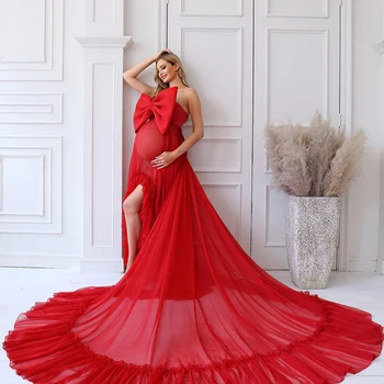 18136 # Parlak Kırmızı Yay Hamile kadın Elbise Kapalı Omuz Düzensiz hamile elbisesi Düğün Konuk için Photoshoot Bebek Duş 2023