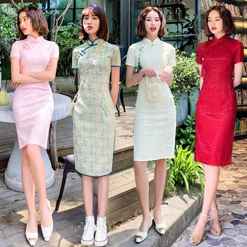 2022 Yaz Yeni Retro Dantel Cheongsam Kız İçi Boş Günlük İyileştirme Orta uzunlukta Modern Qipao Çince Geleneksel Giysiler Kadınlar için