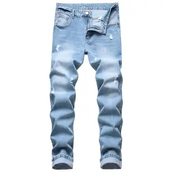 2023 Açık Mavi erkek Yırtık Kot Düz İnce Olmayan streç kot pantolon Tasarımcı Sokak Rahat Uzun Pantolon Dropshipping
