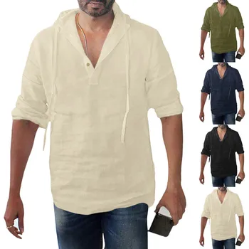 2023 T Shirt Erkek Sonbahar Kapşonlu Pamuk Keten Üst Uzun Kollu Beyaz Moda Rahat Harajuku Tişört Erkek Tees Homme Koşu Kıyafetleri