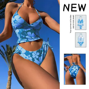 2023 Yeni Mayo Çiçek Baskı Kadın Takım Elbise İki Parçalı Setleri Baskılı Beachwear Halter bikini seti Dantel-up Push Up Tankini Mayolar