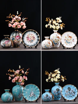 3 ADET Çin seramik tabak Vazo + Sahte Çiçek Seti Süsler Ev odası Masaüstü Aksesuarları El Sanatları Kulübü Restoran Figürleri Dekor