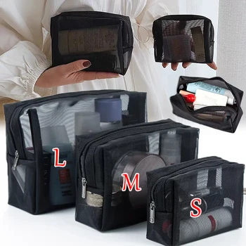 3 Boyutu Örgü Şeffaf Kozmetik Çantaları Küçük Büyük Siyah Makyaj Çantası Taşınabilir Seyahat Tuvalet Organizatör Ruj çanta