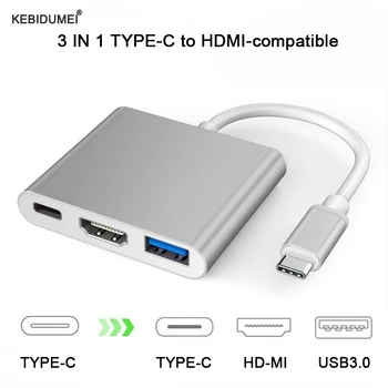 3 İN 1 USB C HDMI uyumlu Adaptör TİP-C Erkek HDMI uyumlu USB 3.0 Tip C Dişi Dönüştürücü HD-MI Adaptörü USB HUB
