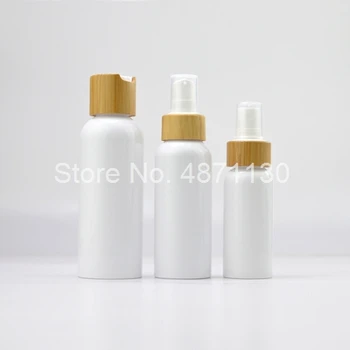 3oz 5oz Bambu losyon pompası kapaklar Boş Doldurulabilir Şişeler Emülsiyon Şampuan PET Şişe Bambu Kapaklı Ve Beyaz Plastik Pompa