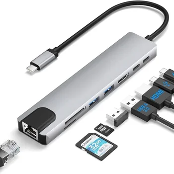 8İn1 USB C Hub Multiport Adaptörü ile 4 K HDTV, 85 W PD, USB 3.0 Bağlantı Noktaları, USB C Veri Bağlantı Noktası, SD / TF Kart Okuyucu, USB C Dongle