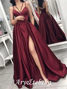 A-Line Minimalist Seksi Düğün Konuk Resmi Gece Elbisesi V Boyun Kolsuz Kat Uzunluk Saten Bölünmüş 2021