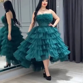 A-line Seksi Straplez El yapımı Çiçekler Asimetrik Süpürgelik Fermuar Up Çay Boyu Kadınlar Akşam Elbise Balo Elbisesi Yeni 2023