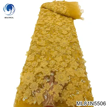 Afrika sarı 3d dantel kumaş 5 metre 2022 yüksek kaliteli boncuklu nakış fransız nijeryalı sequins dantel kumaş inci ile ML81N55
