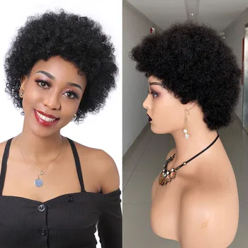 Afro Kinky Kıvırcık Peruk Siyah Kadınlar İçin Remy Brezilyalı İnsan Saçı Tutkalsız Ucuz Afro Puf Kıvırcık Kısa Peri Kesim insan saçı Peruk