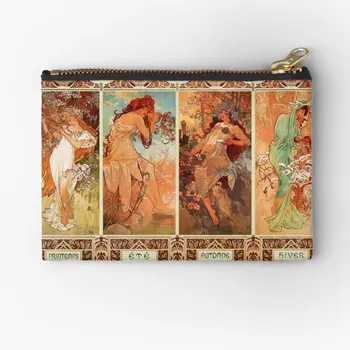 Alphonse Mucha Dört Mevsim Art Nouveau fermuarlı torbalar Kadın Kozmetik Cep Erkek Çantası Külot Anahtar Para Ambalaj Saf Depolama
