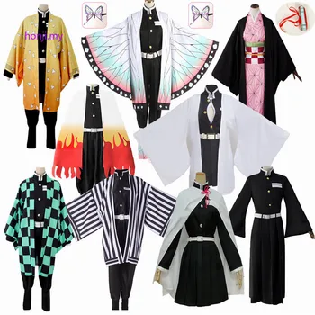 Anime iblis avcısı Kimetsu Hiçbir Yaiba Zenitsu Giyu Tanjirou Kamado Nezuko Cosplay Kadın Çocuk Erkek Kimono Üniforma Cosplay Kostüm