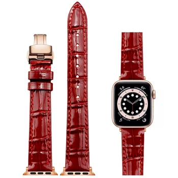 Apple için Koyu Kırmızı deri kayış kadın saat kayışı 49mm 45mm 38 42 41mm iwatch Series345SE678 Kelebek Toka Watchband Bilezik