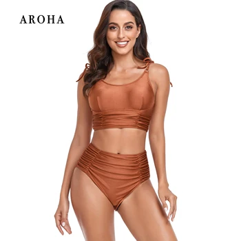 AROHA Yüksek Bel 2 Parça Bikini Karın Kontrol Push Up Pedleri Mayo Tankini Mayo Kadınlar 2023 Büyük Beachwear Ücretsiz Kargo