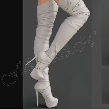 Beyaz Toka Dekor Çizmeler Katı Başak Topuk Diz Üzerinde Ayakkabı Kadınlar için Yuvarlak Ayak Yüksek Topuklu Seksi 2023 Yeni Zapatos Para Mujere