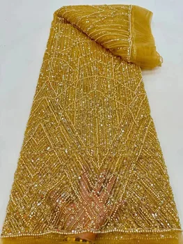 Boncuklu Dantel Kumaş düğün elbisesi Ve Pullu Boncuk Örgü Dantel Altın Lüks Tül İşlemeli 2023 Yüksek Kaliteli Afrika Dantel 5yards
