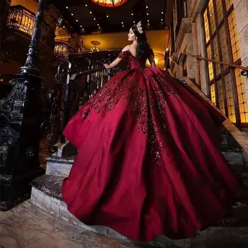 Bordo Quinceanera Elbiseler Kapalı Omuz Parti Prenses Tatlı 16 Elbisesi Aplikler Sequins Dantel-Up Vestidos De 15 Años