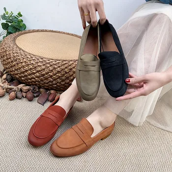 Careaymade-Hakiki Deri Yaz Yeni Düz Renk Üst Katman İnek Derisi Yuvarlak Kafa el yapımı kadın tek ayakkabı Rahat kadın ayakkabısı