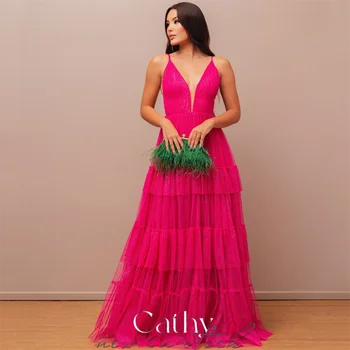 Cathy Glitter Sıcak Pembe balo kıyafetleri 2023 Parlak Çok Katmanlı Vestidos De Noche Kolsuz Balo elbisesi Seksi V Yaka Fas Kaftan kadın