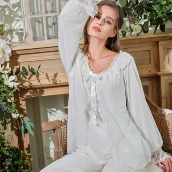 Dantel Patchwork Pijama Bahar Sonbahar Gecelik Modal Pijama Femme Dökün Comzy Elastik Bel Pijama Gecelik Ev Giysileri