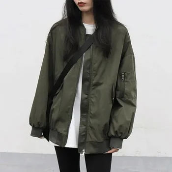 Deeptown Bombacı Ceket Kadın Vintage 90s Estetik Kore Streetwear Moda Trendi Büyük Boy Fermuar Yeşil beyzbol ceketleri Gevşek