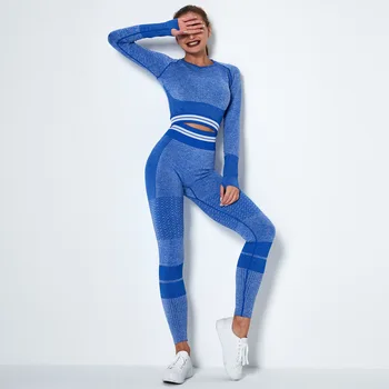 Dikişsiz Çizgili Yoga Seti Spor Spor Yüksek Bel Kalça Yükseltmek Pantolon Uzun Kollu Takım Elbise egzersiz kıyafetleri Spor Tayt Seti kadınlar için