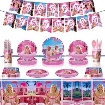 Disney Barbie Parti Malzemeleri Doğum Günü Yıldönümü Ev Partisi Süslemeleri Tek Kullanımlık Sofra Kağıt Tabaklar Payet Peçete Bardak