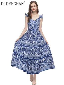 DLDENGHAN Bahar yaz elbisesi Kadın V Yaka Kolsuz Dökümlü Kemer Çiçekler Baskı Vintage Parti uzun Elbiseler Moda Pist Yeni