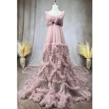 Don & Judy Lüks Hamile Gelin hamile elbisesi Kabarık Bulut Tül Uzun Tren Düğün Parti Maxi Elbise Açık Mor 2023