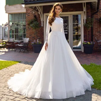 Düğün elbisesi Zarif Boncuklu Aplikler A-Line Moda O-boyun Uzun Kollu Saten Gelin Kıyafeti 2023 Vestidos De Noiva