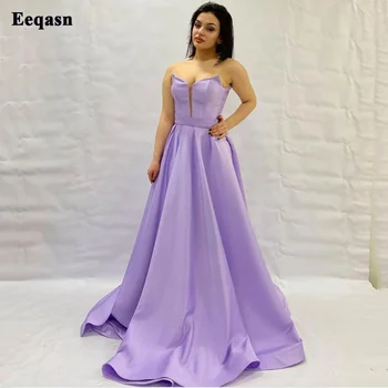 Eeqasn Leylak Saten Akşam Parti Elbiseler Uzun Taraklı Yaka Balo Abiye Yüksek Yarık Kadınlar Örgün Özel Durum Elbise