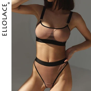 Ellolace Erotik iç çamaşırı seti Kadın 2 Parça Şeffaf Dikişsiz İç Çamaşırı Şeffaf Dantel Şehvetli Kıyafet Kablosuz Konfor Egzotik Setleri