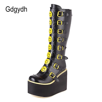 Gdgydh Bayan Sarı Gülen Yüz Gotik Çizmeler Toka Kayış Platformu Takozlar Topuk Kış Punk Ayakkabı Artan Cosplay Parti Yeni