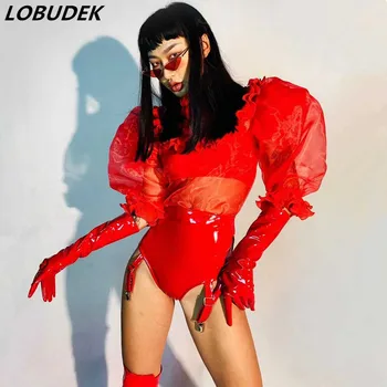 Gece kulübü Bar Kadın Şarkıcı Dansçı Performans Kostüm Kırmızı Örgü Üstleri Deri Şort Eldiven 3 Parça Set Moda Caz Dans Kıyafeti
