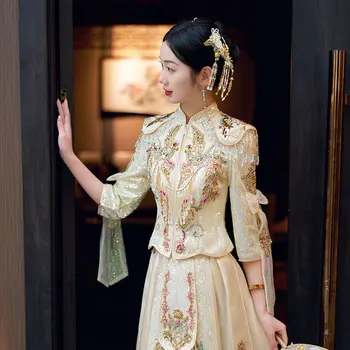 Gelin Çin Tarzı Sparkly Şampanya Sequins Cheongsam Boncuk Püsküller düğün elbisesi Phoenix Nakış Tost Giyim