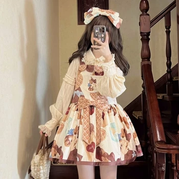 Gotik Tatlı Lolita Jsk askı elbise Kadın Kawaii Muffin Kedi Baskı Parti Mini Elbise Vintage yüksek bel kemerli elbise Sevimli Yumuşak Kız