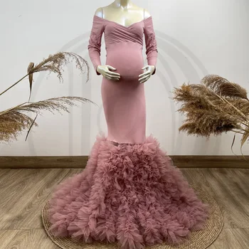 Güzel Ruffles Pamuk Ve Tül hamile elbisesi Seksi Kapalı Omuz Mermaid Gebelik Elbisesi Şeffaf Kabarık Phtoshoot Bebek Duş