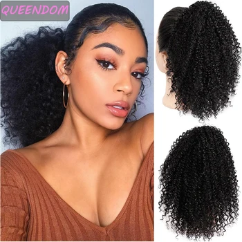 İpli Puf At Kuyruğu Afro Kinky kıvırcık saç uzantıları Kadınlar için Ombre Sentetik Afrika Amerikan Saç Parçaları Klip At Kuyruğu