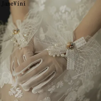 JaneVini Muhteşem İnciler Bırakın Düğün Eldiven Gelin Dantel Beyaz Gelin eldivenler Yay Düğün Parti Kadın Fotoğraf Sahne