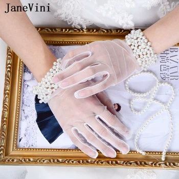 JaneVini Yeni Lüks İnciler Beyaz Kısa Kadın Eldiven Bilek Uzunluğu Gant Blanc Tül Gelin Eldiven Düğün Aksesuarları Handschoenen
