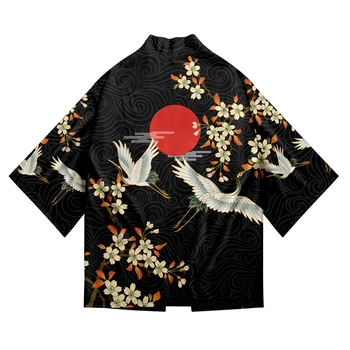 Japon Geleneksel Giyim Vinç Baskı Kimono Gömlek Erkekler Retro Yukata Asya Moda Tang Takım Harajuku Hanfu Yukata Ceket