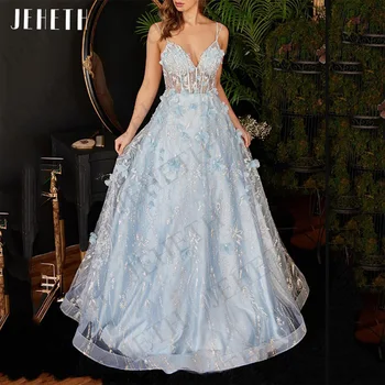 JEHETH balo kıyafetleri Kadınlar Için Kelebek Dantel Kolsuz Örgün Durum Parti Sparkly 3D Çiçekler gece elbisesi Elbiseler De Soirée