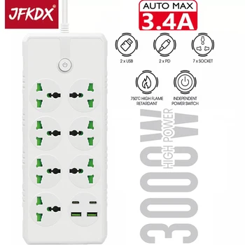 JFKDX İNGILTERE ABD, AB Tak 3000 W Yüksek Multiprise Güç Şeridi 7 AC Soket 2 M Uzatma Kablosu İle USB Hızlı Şarj Portu Ağ Filtresi