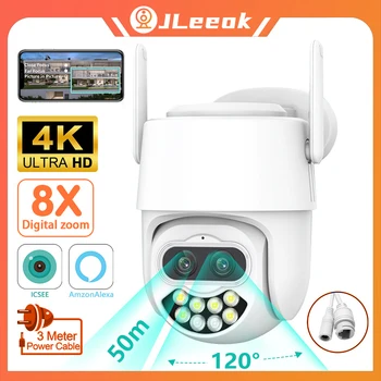 JLeeok 4K 8MP Çift Lens WiFi Gözetim Kamera 8X Optik Zoom AI Otomatik İzleme 80M Tam Renkli Gece Görüş IP Kamera iCsee