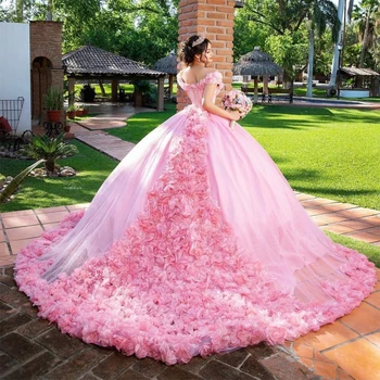 Kabarık Pembe Quinceanera Elbiseler Prenses Külkedisi Uzun Balo Tatlı 15 Yıl Kızlar Balo Akşam Etek Vestidos De Fiesta