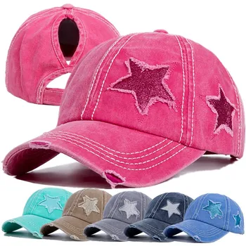 Kadın At Kuyruğu Delik Pentagram Yıldız beyzbol şapkası Trend Ark Ağız At Kuyruğu Şapka Güneşlik Rüzgar Geçirmez Şapka Saf Pamuk Şapka Toptan