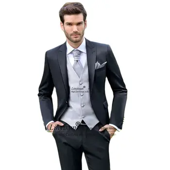 Klasik Siyah Erkek Takım Elbise Resmi Iş Blazer Slim Fit Düğün Damat Smokin Ziyafet 3 Parça Set Ceket Yelek Pantolon Kostüm Homme
