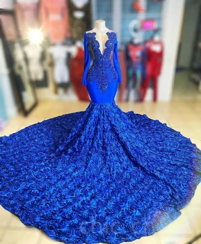 Kraliyet Mavi Afrika Amerikan balo kıyafetleri Mermaid Uzun Kollu Boncuklu Siyah Kızlar Nijerya Robe De Soiree Aso Ebi gece elbisesi