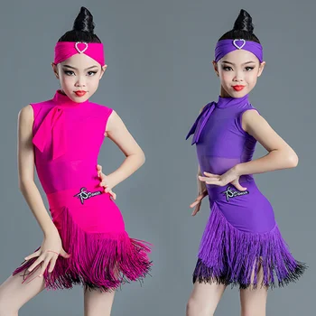 Latin Dans Elbise Kız Cha dans kostümü Saçak Elbise Rhodo / Mor Çocuklar Latin Yarışması Elbise Samba Uygulama Giyim