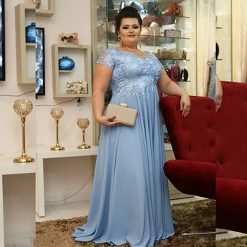 Mavi Şifon Uzun anne Gelin Elbiseler Artı Boyutu Kısa Kollu Örgün Durum Abiye giyim Zarif Düğün Parti Elbise